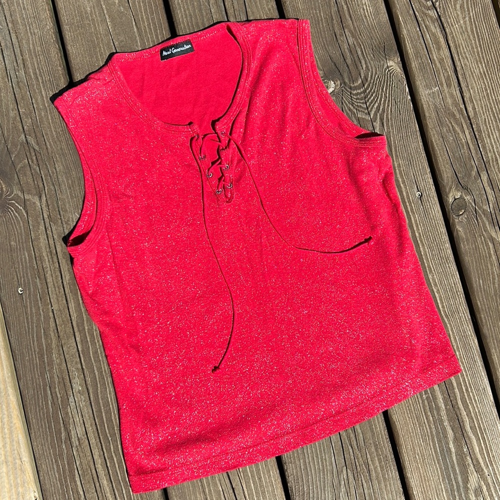 red sparkly lace up top